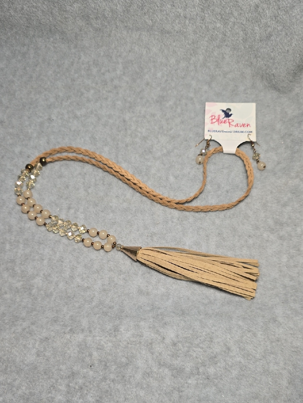 Beige Braided Tassel Beaded Necklace with Matching Earrings